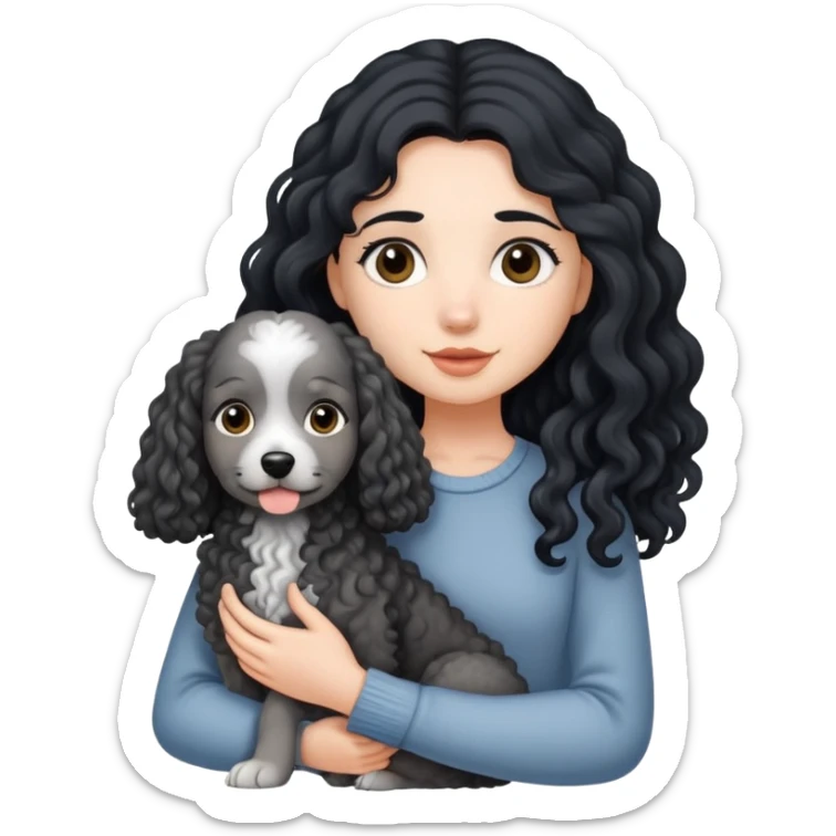 A girl with long black hair holding a gray curly dog sticker