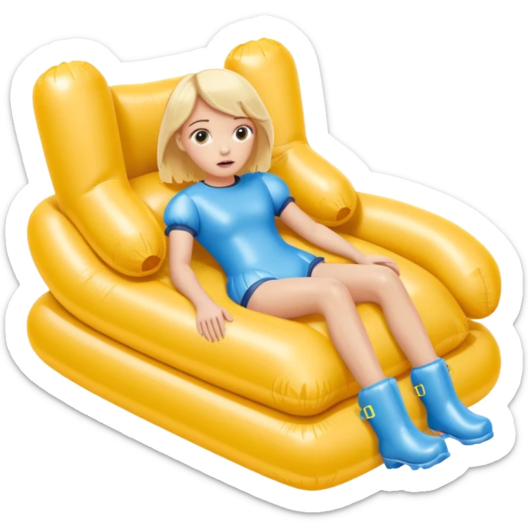 chica rubia con cara de miedo con unas botas de presoterapia gigantes inflables tirada en una cama amarilla sticker