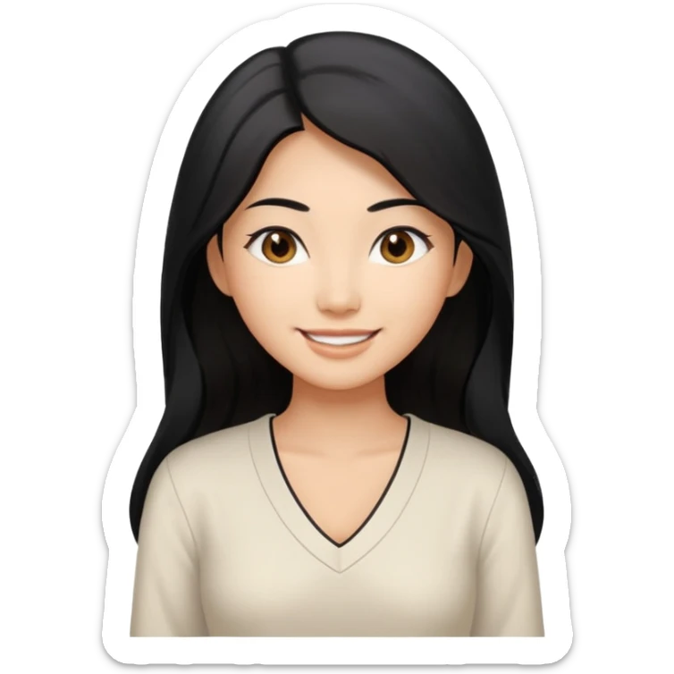 medium tan asian woman with long black hair past middle of back, round brwn eyes, white v neck blouse smiling. sticker