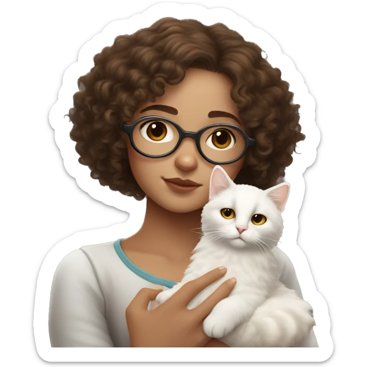 curly haired light brunette with freckles girl holding a white cat in hands. the cat is sleeping. the girl uses white round glasses like harry potter sticker