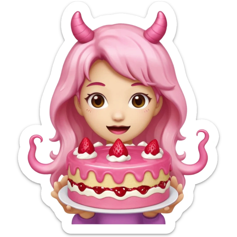 kawaii  woman holding pink runny gooey strawberry jam monster cake   sticker