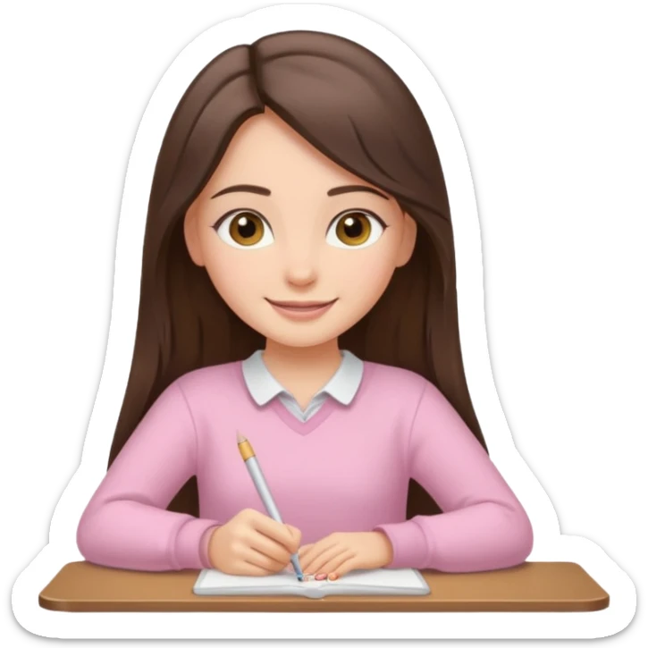 smiling long brunette hair girl hazel eyes wearing light pink clothes writing sticker