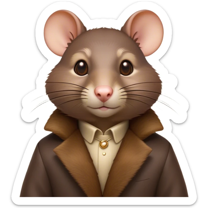 Cinematic Noble Brown Rat Portrait Emoji, Poised and alert, with a sleek, agile build and a smooth, well-groomed coat of warm brown fur, beady, determined eyes, Simplified yet sharp and sophisticated features, highly detailed, glowing with a soft, dignified glow, high shine, intelligent and resourceful, stylized with an air of urban savvy, focused and attentive, soft glowing outline, capturing the essence of a watchful and confident rat that feels as though it could scurry out of the screen with effortless authority! sticker