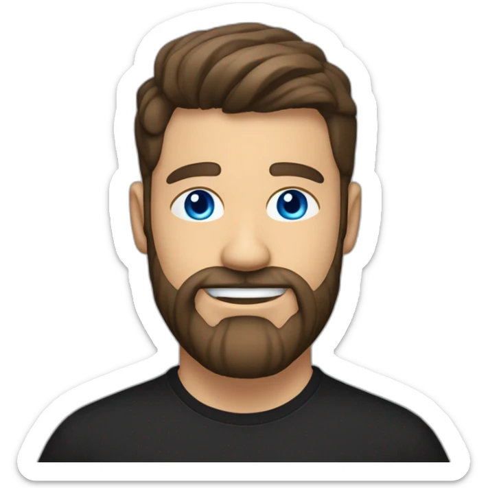 White man with a sun kissed tan, blue eyes and dark brown hair, styled sideways backwards. He has a beard and mustache trimmed. Wears s black t-shirt. sticker