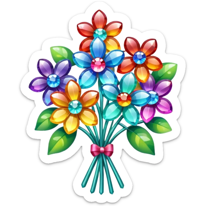 a bouquet of crystal flowers shimmering with rainbow colors, Apple emoji style sticker