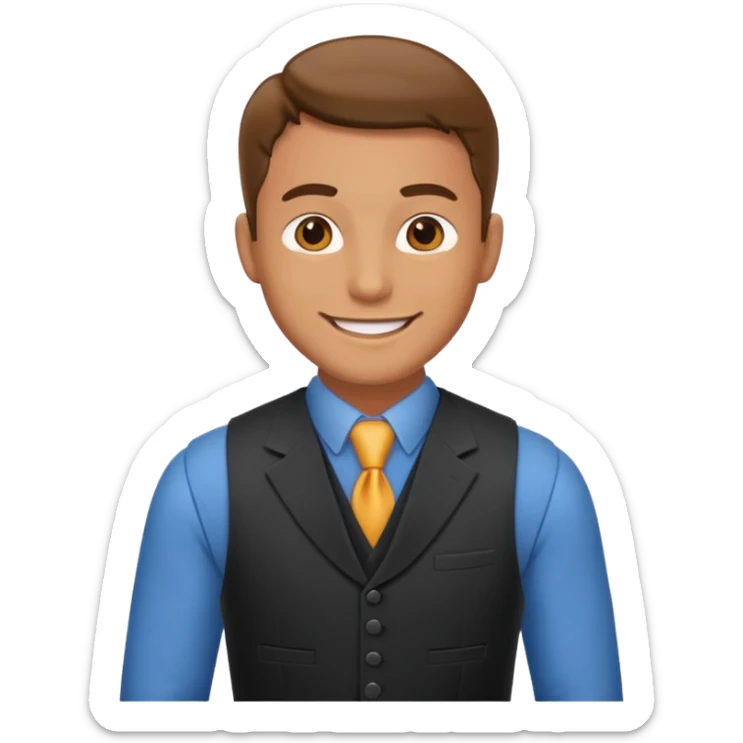 portrait of adult man, wearing a formal vest, smiling face sticker