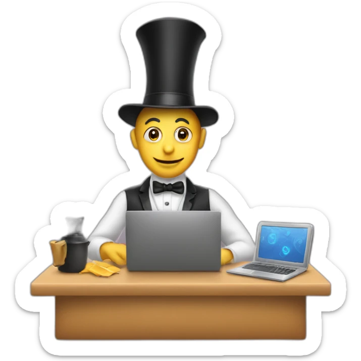 magician programming a laptop with an emoji of an idling truck on the screen sticker