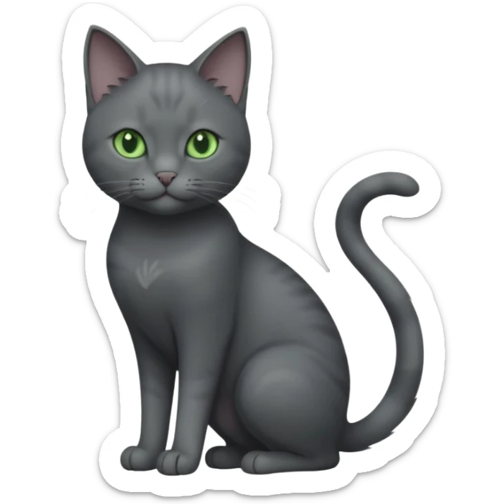 full body view of beautiful female solid dark grey cat with green eyes, grey face, white toes/paws and small white patch on her chest sticker