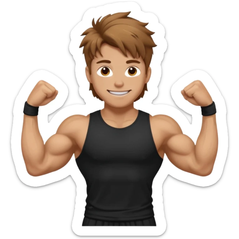 Gym rat with light brown hair and black t shirt, and messy hair. And muscular ,and happy a little sticker