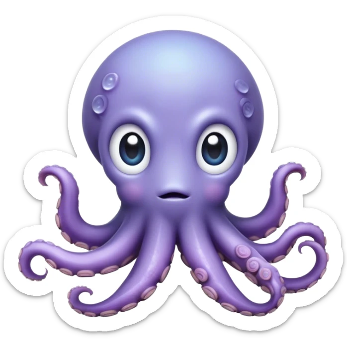 Cinematic Cute Shy Baby Octopus Portrait Emoji, Tentacles tucked slightly inward in an adorably bashful pose, featuring a softly glowing, round light blue-purple body with enormous, soulful eyes peering out timidly, Simplified yet irresistibly adorable features, highly detailed, glowing with a delicate, soothing marine radiance, high shine, quiet yet expressive, stylized with an air of gentle mystery, soft glowing outline, capturing the essence of a tiny, shy deep-sea creature that seems as if it could slowly peek out and explore the world with cautious curiosity! sticker