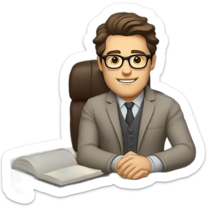 Pale skinned Fit Man With dark brown hair in gray jacket, beige office shirt, Brown pants and vintage glasses sitting In a soft chair with a notebook on spring with emblem Ψ and a pen sticker