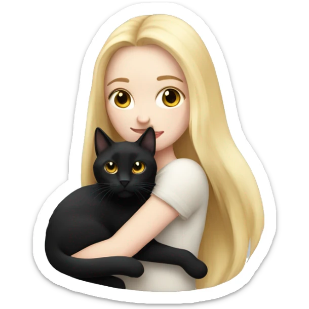 pretty woman with pale skin, very long blonde hair  hugging a black cat sticker
