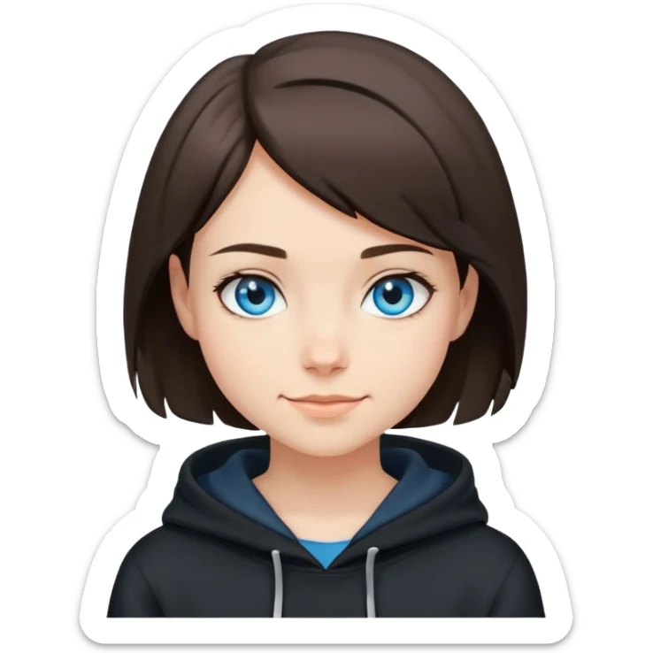 brunette short hair girl with blue eyes and black hoodie. i want her to be smirking sticker