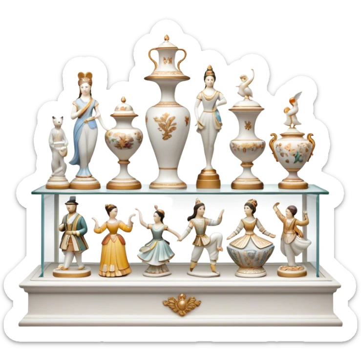 Icon for Porcelain Figurine Collecting: a collection of delicate porcelain figurines, such as animals, dancers, and historical characters, displayed on a shelf or in a display case. The icon should convey the elegance and artistry of collecting porcelain statues. Transparent background. sticker
