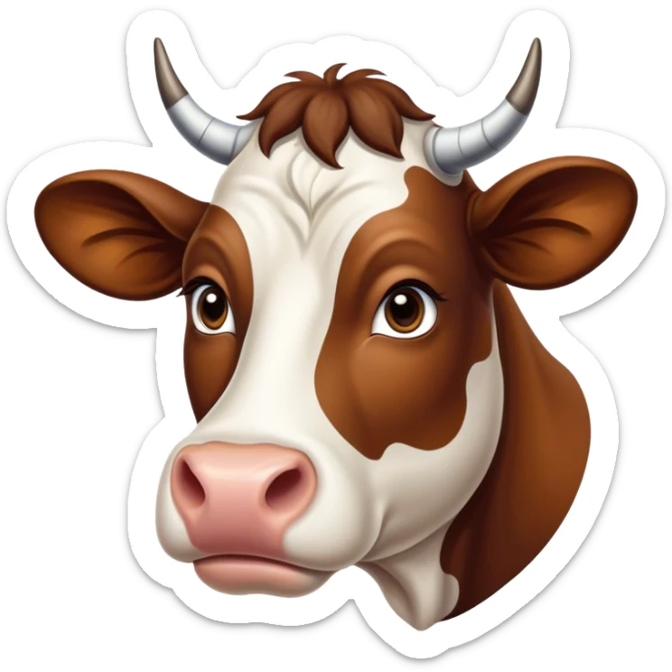 Cinematic Noble Brown and White Cow Portrait Emoji, Poised and regal, with a large, sturdy build and a beautifully patterned hide of rich brown accented by crisp white patches, deep-set soulful brown eyes, Simplified yet sharp and sophisticated features, highly detailed, glowing with a soft, dignified glow, high shine, intelligent and calm, stylized with an air of pastoral majesty, focused and attentive, soft glowing outline, capturing the essence of a watchful and confident bovine guardian, so majestic it feels as though it could amble out of the screen with effortless authority! sticker