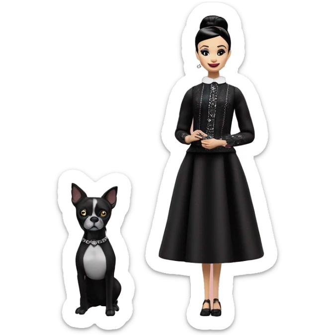Audrey Hepburn as Sabrina Barbie. Wednesday Addams. Show full body. Embroidered long gown with accessories  sticker