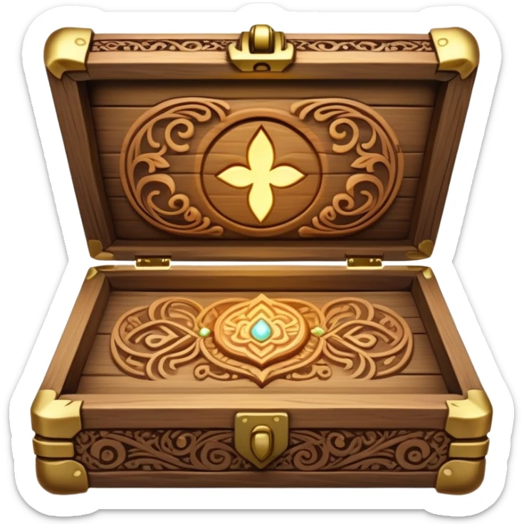magical wooden box with intricate carvings, glowing softly, holding necklaces inside sticker