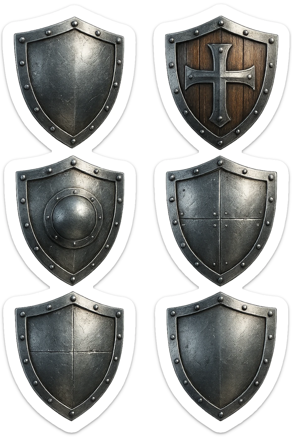 6 scudi che simboleggiano "difesa e protezione", realistici in 3d fluttuano in aria, iperrealistico 4k sticker