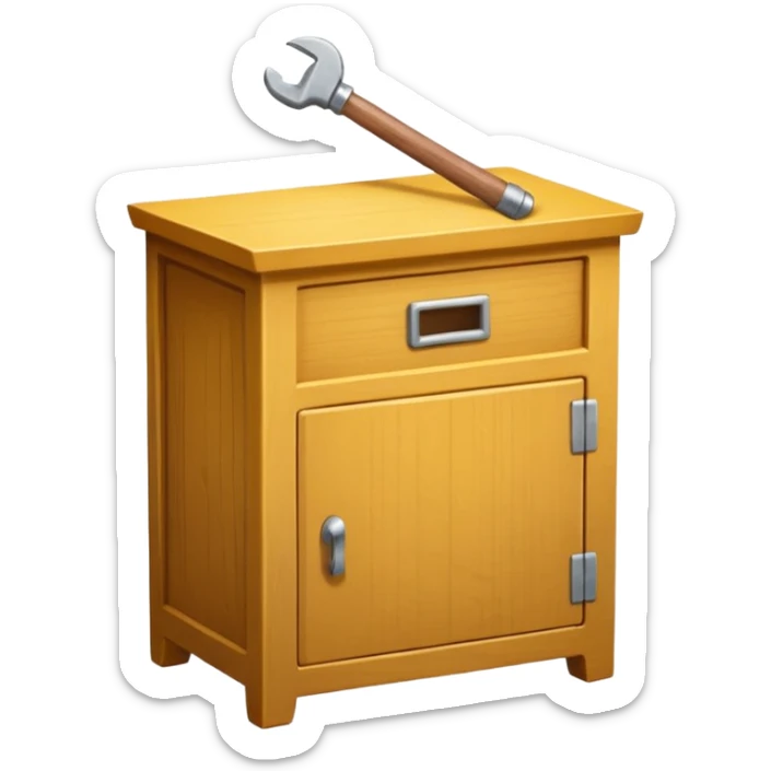 Compact emoji-style icon showing a small wooden cabinet with one door slightly open, a hammer resting beside it, and a plank of wood leaning in the background. Light brown wood tones, silver hammer head, yellow handle. Soft shadows, clean glossy look.  sticker