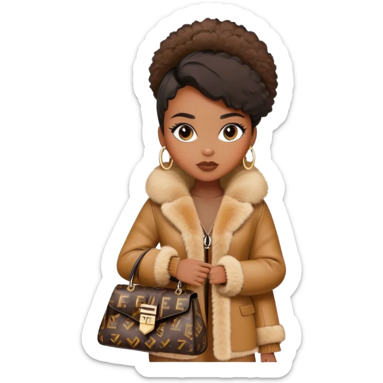 Beautiful black woman wearing a monogram Fendi jacket with a fur trim. She is carrying a Fendi Mini Peekaboo Bag. I want the image close up sticker