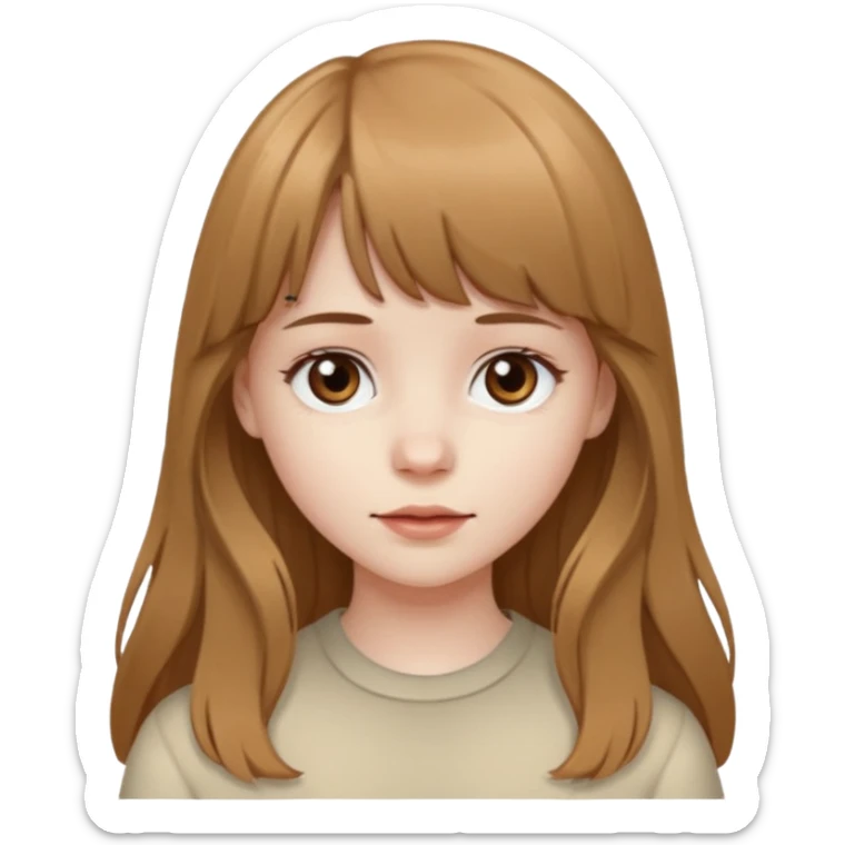 Pale skinned girl with light brown hair and dark brown eyes. She has bangs and her hair is slightly big wavy and long sticker