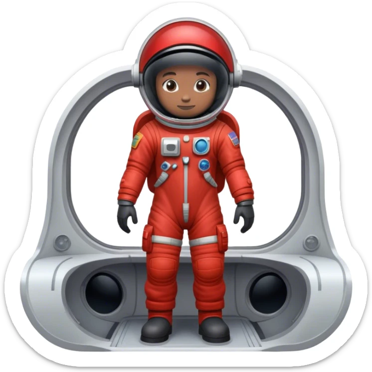 Un astronauta con una tuta spaziale rossa in piedi su una navetta, con un visore scuro sticker