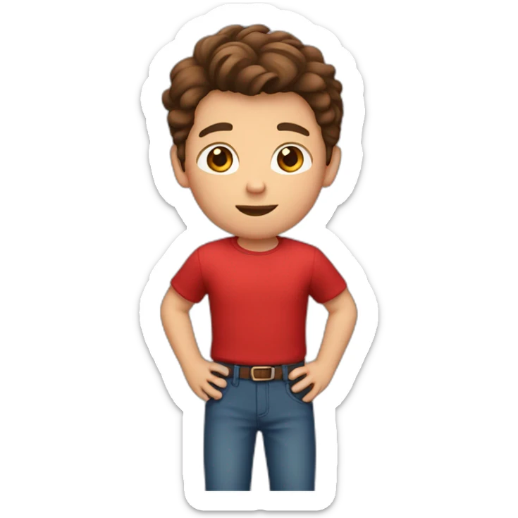 A boy with brown hair wearing a red shirt and red pants sticker