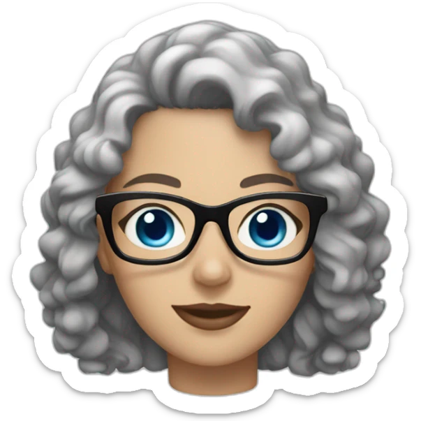 white woman with black curly hair, blue eyes and glasses sticker