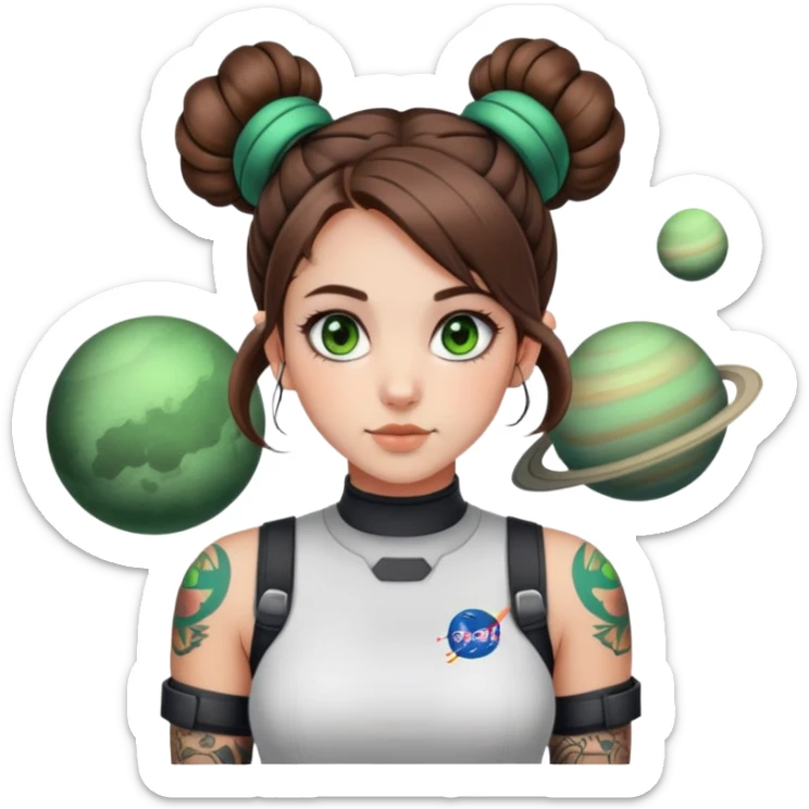 Me, im a 27 year old girl with shoulder length brown hair often half up in space buns with green eyes and tattoos sticker