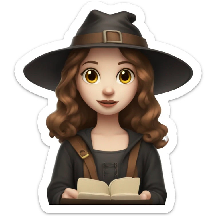 Young witchy girl pale skin and brown haired with a Pencil in a hand and a sketchbook in the other  sticker