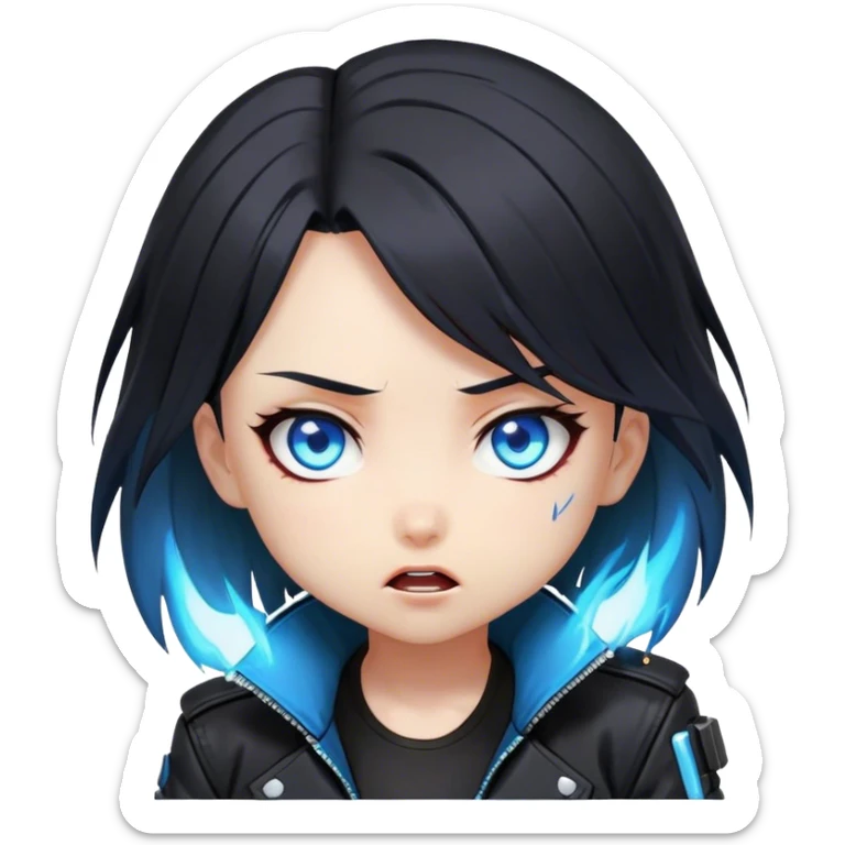 Black hair cyberpunk 2077 chibi girl with blazing blue eyes and black jacket. shocked anime style sticker