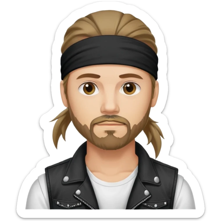 Guy wearing bandana as a headband with goatee and long hair atop his head in ponytail, wearing white tshirt with black biker ves sticker