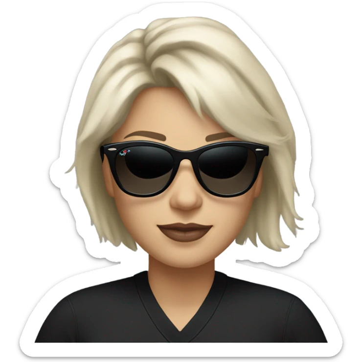 White woman with short messed silver blond hair with sunglasses big black rayban and black polo sweater  sticker