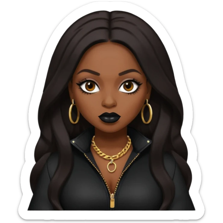Foxy Brown, Rapper with dark brown long hair, black lip, black outfit sticker