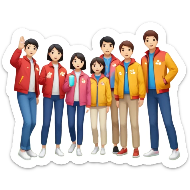 "East Asian colleagues in color-coded jackets picnic, play frisbee, and take group photos under cherry blossoms. Cloud-shaped Sunlord logo in background. Circular minimalist style." sticker