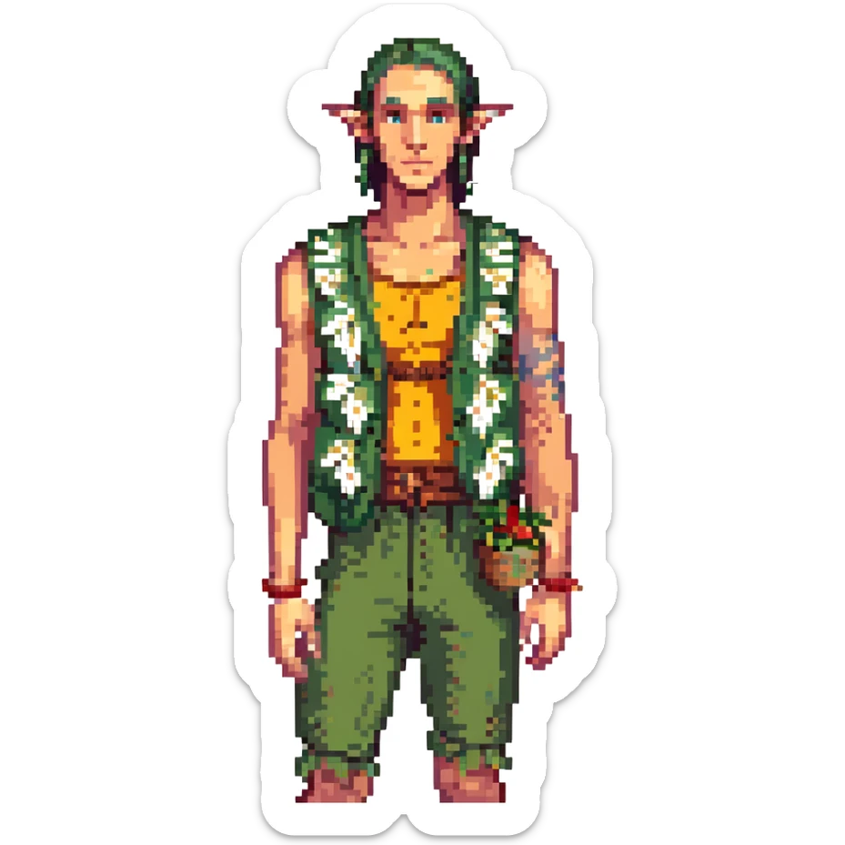 elf male Sleeveless vest with palm-leaf print, basket of exotic fruits (mango/lychee), sunburned nose. sticker