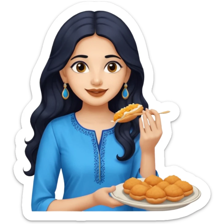 a pretty indian bratz girl with wavy long black hair. eyeliner on, wearing a blue kurti, eating vadapav sticker