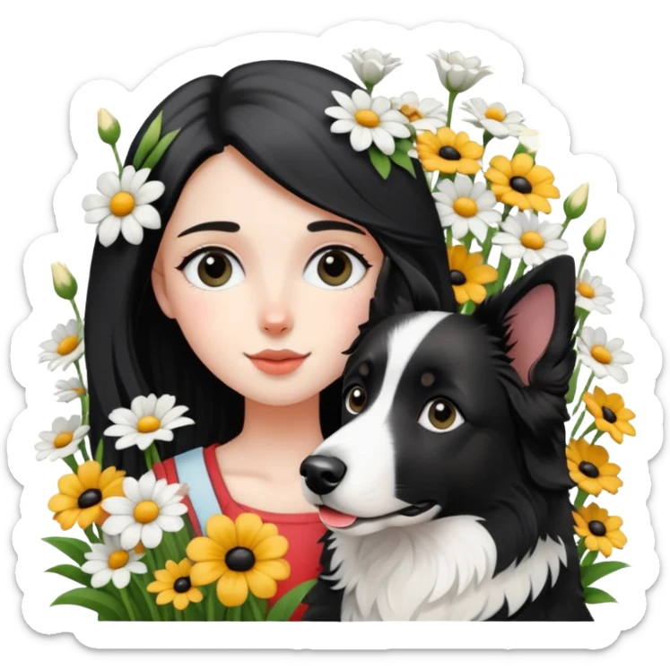 A girl is holding a black and white border collie in the flowers sticker