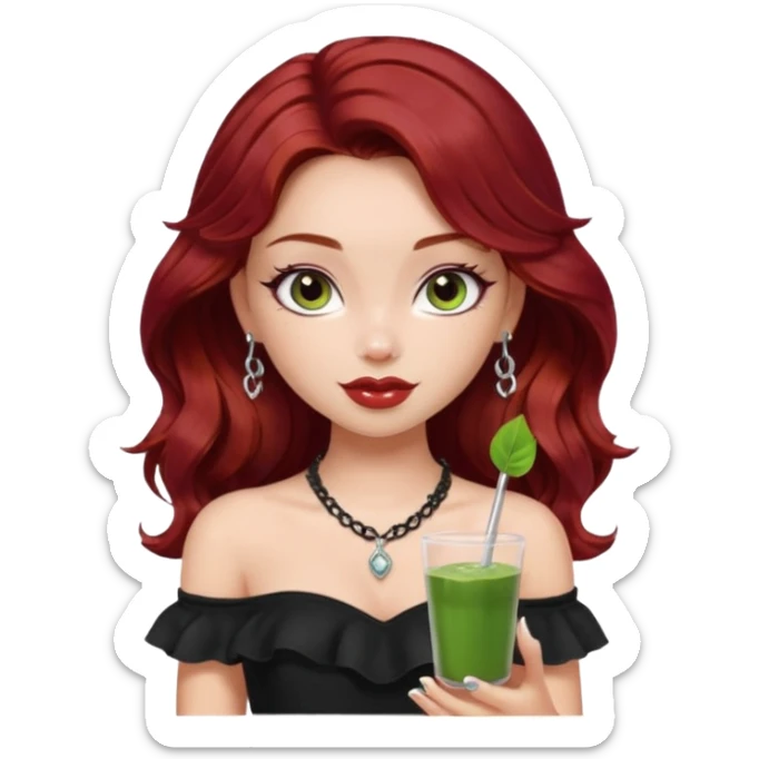 a pretty fair bratz girl with wavy dark red hair, wearing a black off shoulder top . silver dainty layered necklaces, carrying a matcha sticker