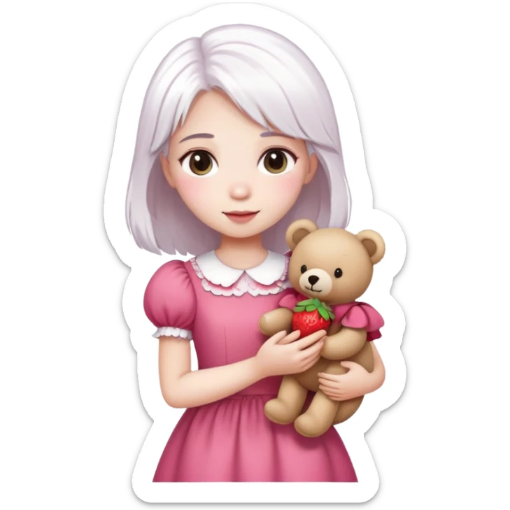 girl with white hair holding a strawberry wearing a pink dress holding a teddy bear sticker