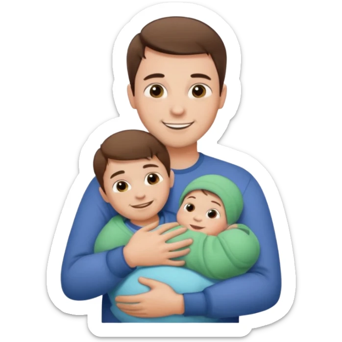 "Man with short brown hair and fair skin, without a mustache, hugging a baby—just a baby—smiling."
 sticker