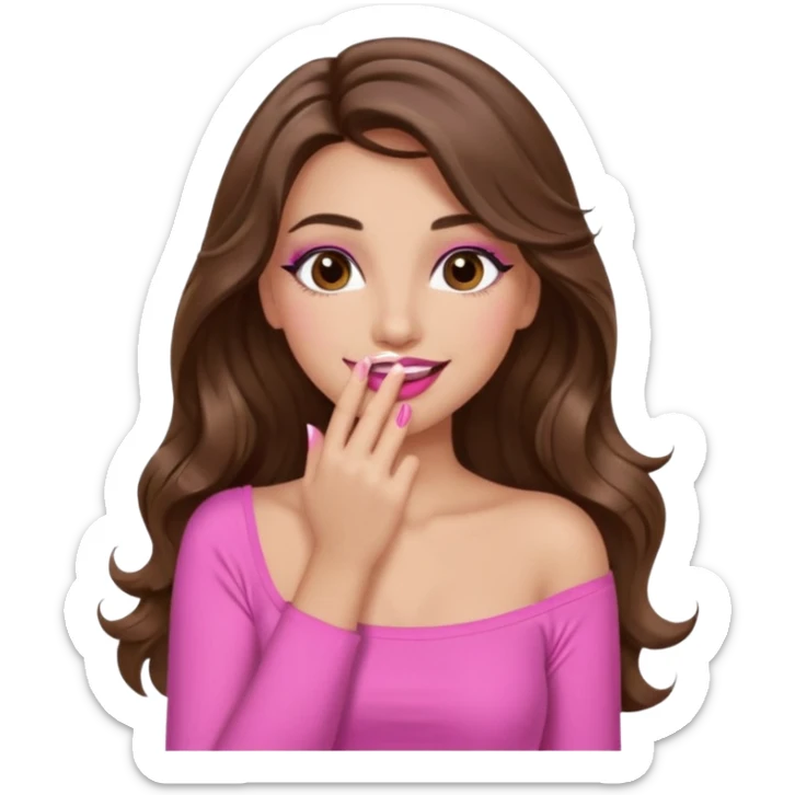 girl with long wavy brown hair, brown eyes, long lashes makeup, sexy pink lips, light to medium complexion, pink sexy top, smiling, hand covering mouth sticker