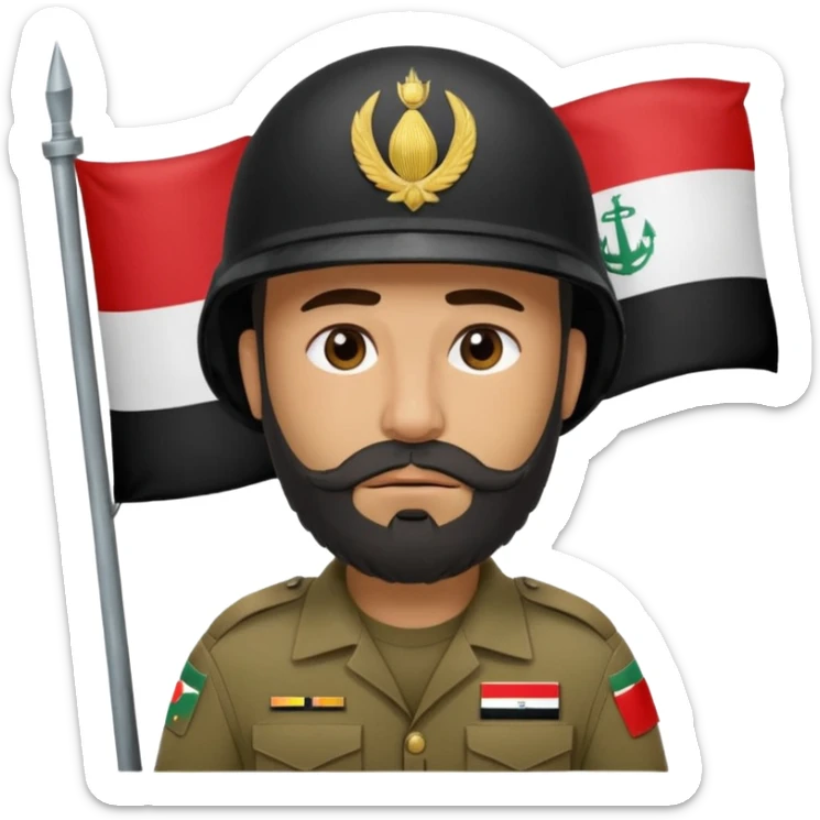 A tired, swarthy Iraqi soldier with a beard, an Iraqi flag on his helmet, a sad expression and bags under his eyes sticker