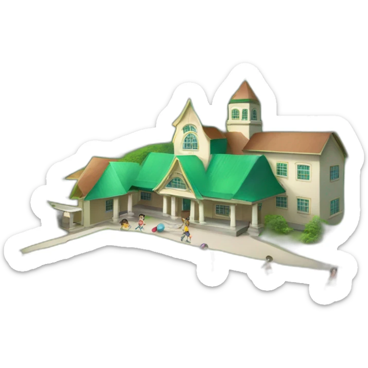 a small school at the foot of a beautiful green mountain with children playing balls sticker