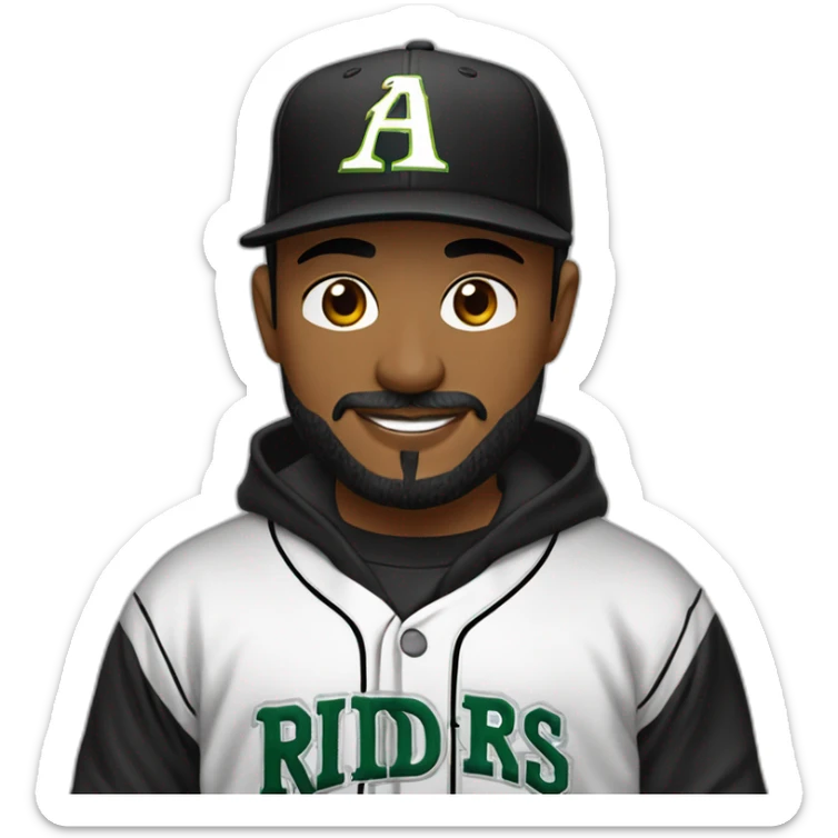 Chico atractivo piel blanca dilataciones y piercing en la nariz de barba con gorra de los riders sudadera de capucha negra y beisbolera sticker