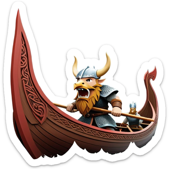 clash-of-clans-aesthetic_-cinematic-viking-longboat, rendered in a flat, bold vector style with minimal shading, featuring a striking dragon-headed prow slicing through icy, churning waters. shields on the side and vikings rowing The longboat’s intricately detailed shields and carved motifs evoke a sense of epic adventure and Nordic might, with billowing sails catching a dramatic, stormy sky backdrop. sticker