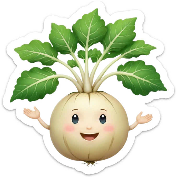 white turnip with cute smiling baby-like face and leafy stalk and cute spindly roots for hands sticker