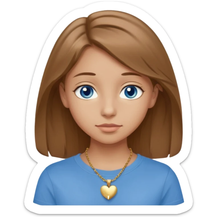 A 16-year-old girl with long, light brown hair and blue eyes. She also has slightly tanned skin, a small nose, and average-sized lips (though her lower lip is slightly larger than her upper lip). She's wearing a taupe T-shirt with a round neck and a gold necklace with a small heart on it. sticker