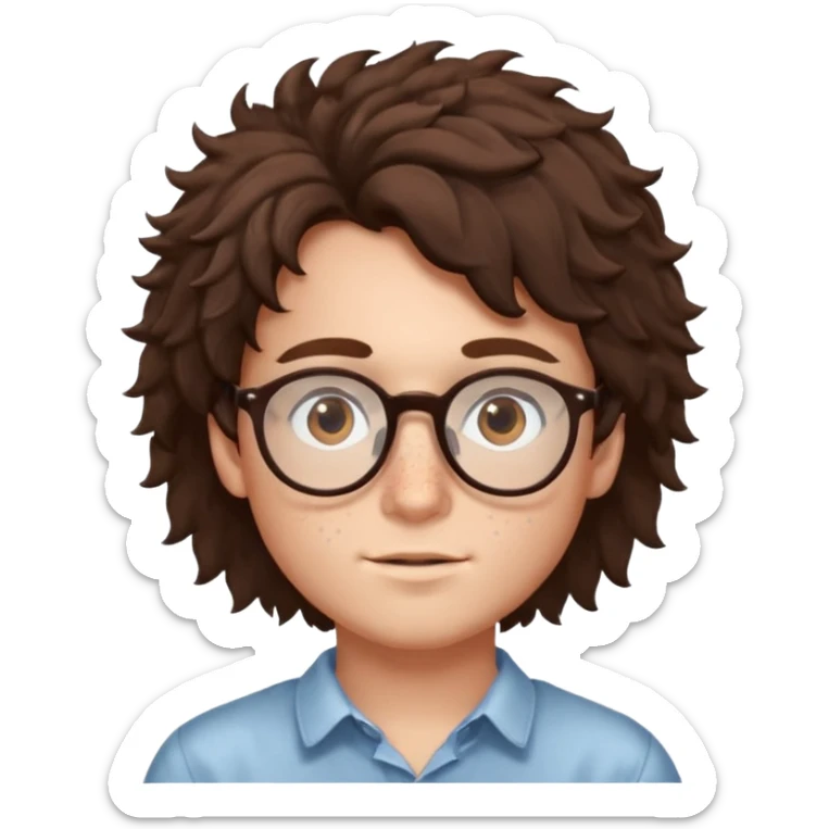 brunette fluffly hair boy with freckles and brown eyes handsome glasses sticker