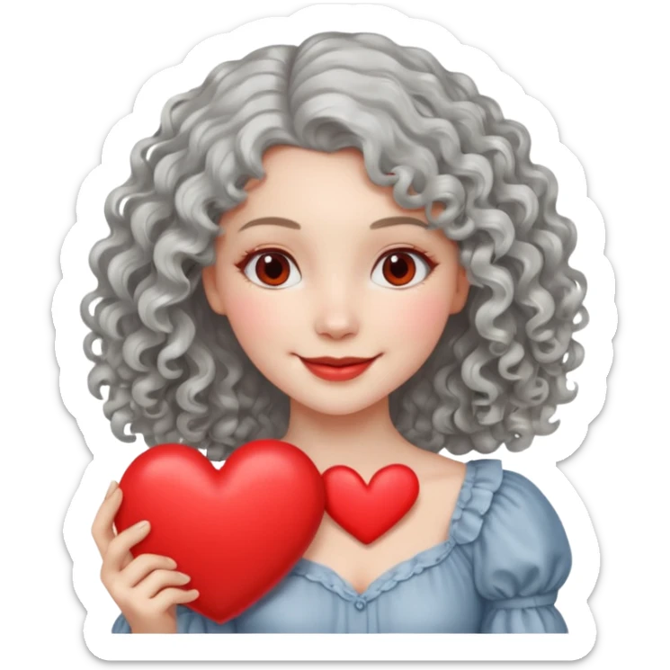 silvery curly/wavy shoulder-length hair smiling lady holding a heart but finer hair sticker
